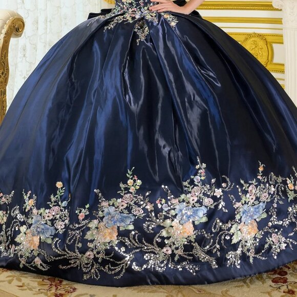 New Navy Off The Shoulder Quinceanera Floral Dress w/ Layered Skirt GL3792 - Picture 7 of 13